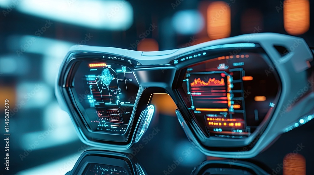 High-detail close-up of futuristic lab glasses with glowing AR screens displaying diagnostic data High-detail close-up of futuristic lab glasses with glowing AR screens displaying diagnostic data