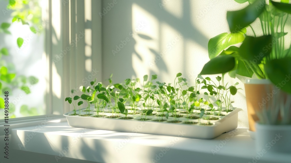A single nursery tray with rows of thriving seedlings, sitting on a white table in a bright indoor space. A single nursery tray with rows of thriving seedlings, sitting on a white table in a bright indoor space.
