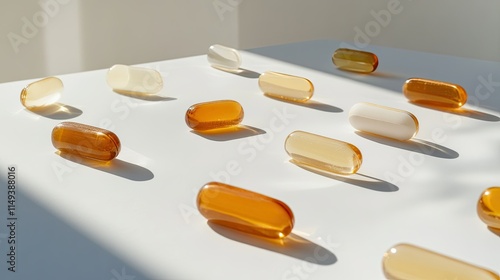 Multivitamins arranged on a white surface with subtle shadows, emphasizing simplicity and clarity photo