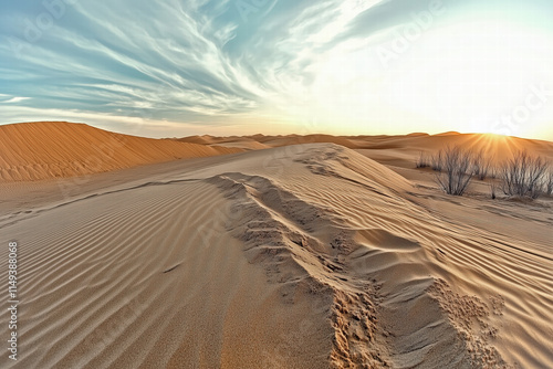 Golden sand dunes under dramatic sky at sunset - Gerenative Ai photo