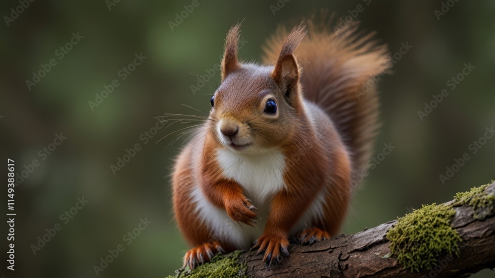 Red Squirrel perched on a mossy branch in a forest setting. Red Squirrel perched on a mossy branch in a forest setting.