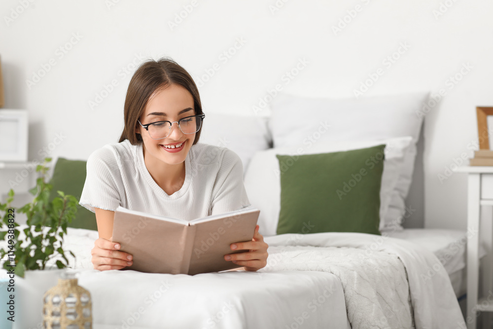 Beautiful young happy woman reading book on bed at home Beautiful young happy woman reading book on bed at home