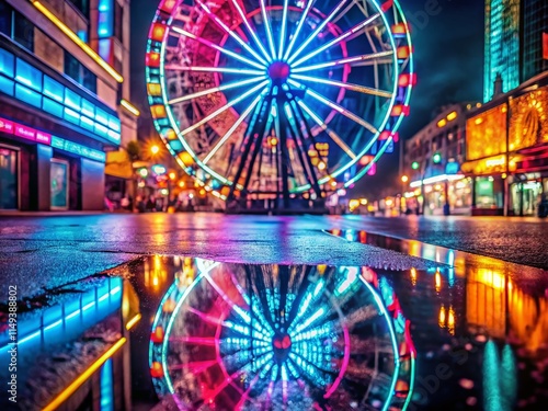 Neon Ferris Wheel Reflection Macro Photography - Vivid Night Cityscape photo