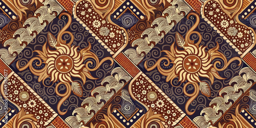 A vibrant textile pattern featuring ornate sun designs and flowing waves in rich earthy tones.