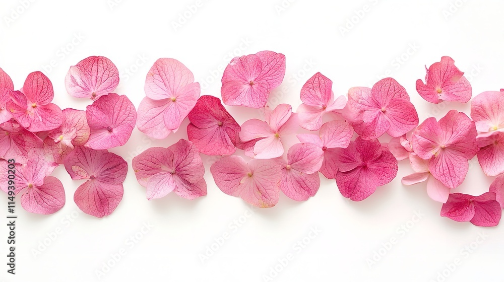 Fototapeta premium The floristic notion of pink hydrangea blooms on a white background. Generative Ai