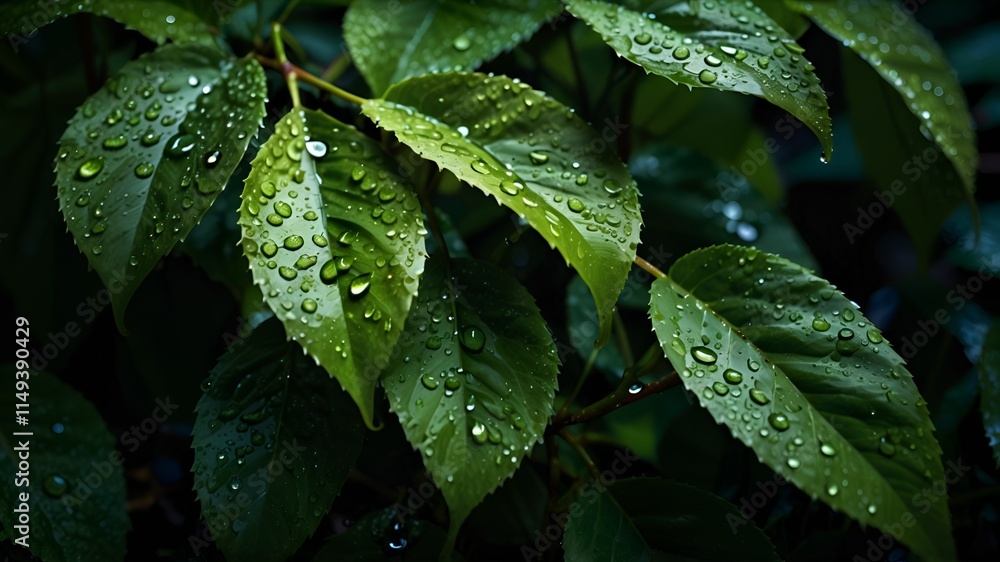 Group of green leaves with water droplets on it Group of green leaves with water droplets on it