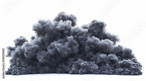 Volcanic smoke plume with dense black and gray tones, isolated on a transparent background