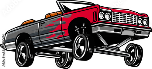 Retro American Lowrider Muscle Bouncing Car Cartoon Illustration
