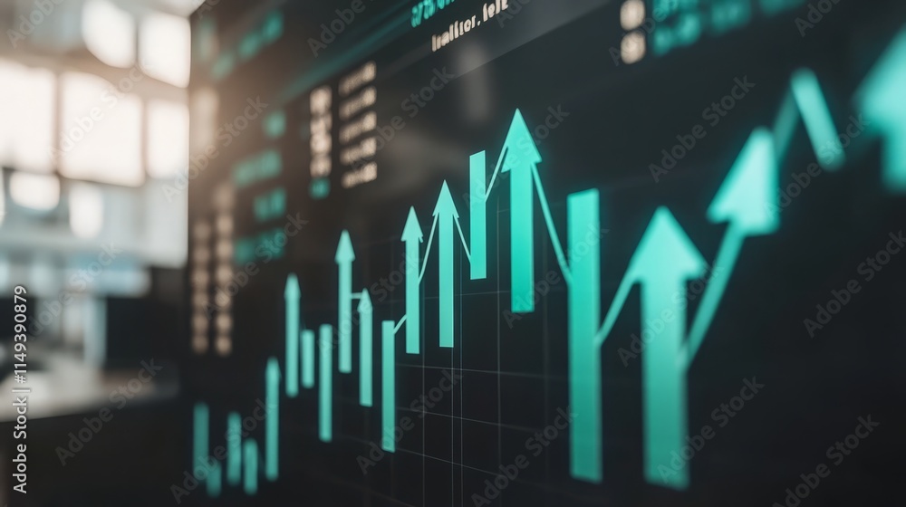 Stock market board displaying significant gains, reflecting investor confidence and economic growth, with numbers and arrows indicating upward trends Stock market board displaying significant gains, reflecting investor confidence and economic growth, with numbers and arrows indicating upward trends