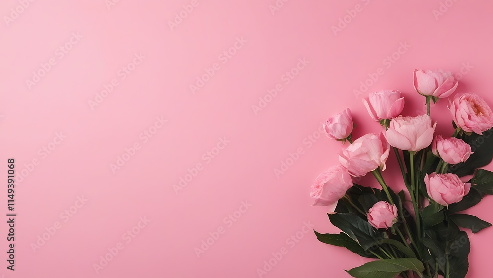 Fototapeta premium Pink background with a beautiful bouquet of pink flowers. Perfect for backgrounds, greeting cards, invitations, and feminine themed design projects
