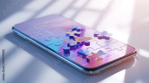 Smart phone with Colorful Holographic Puzzle on white table