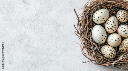 a birds nest with white eggs on a white marble surface