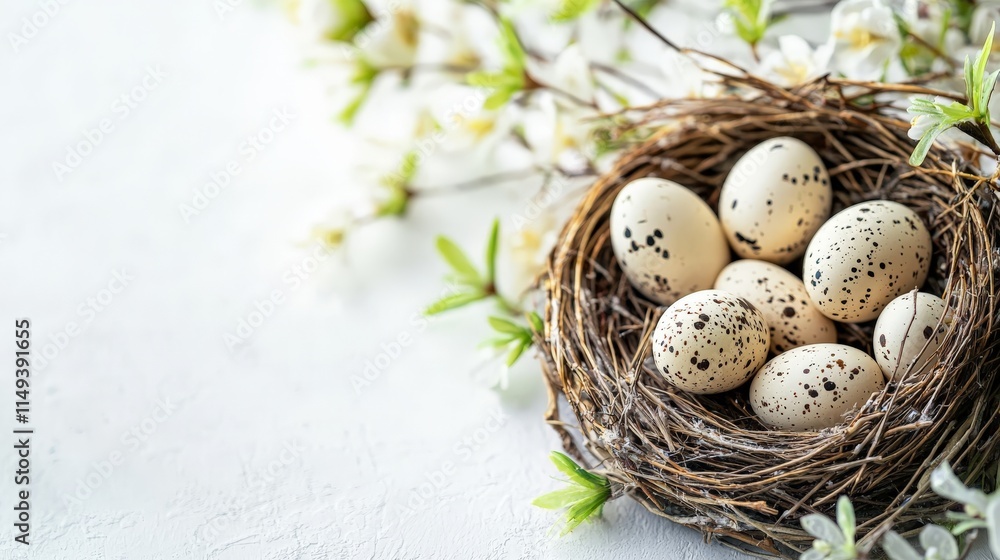 Obraz premium a birds nest with white eggs on a white marble surface