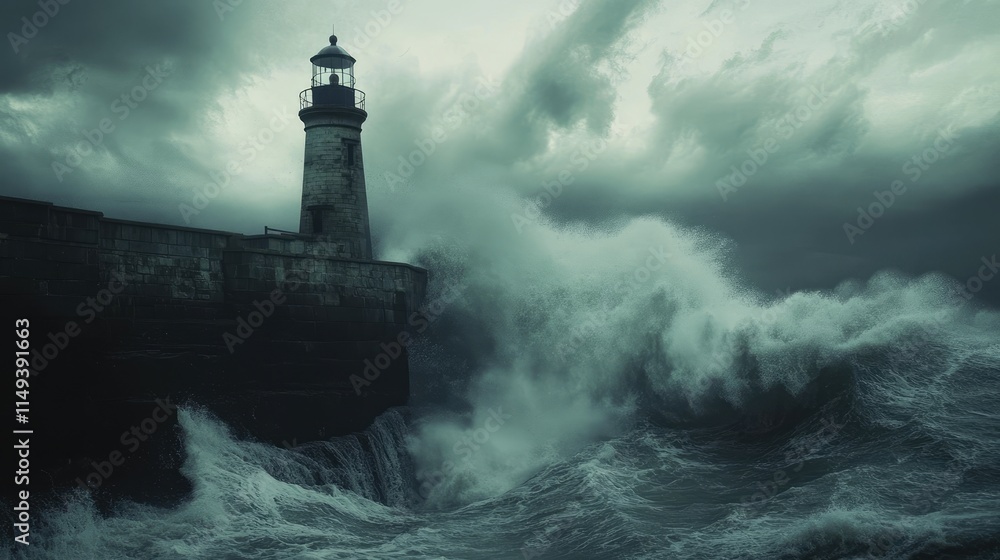 Surrounded by crashing waves and howling winds a lighthouse stands proudly on the edge of a cliff. Its sy brick walls and powerful beacon withstand the worst of the storm Surrounded by crashing waves and howling winds a lighthouse stands proudly on the edge of a cliff. Its sy brick walls and powerful beacon withstand the worst of the storm