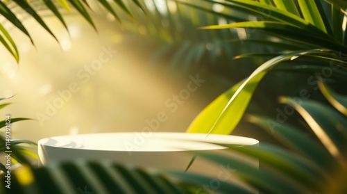 Product Display Mockup in Tropical Setting, Minimalist Product Display on Tropical Background, Nature Inspired Product Showcase