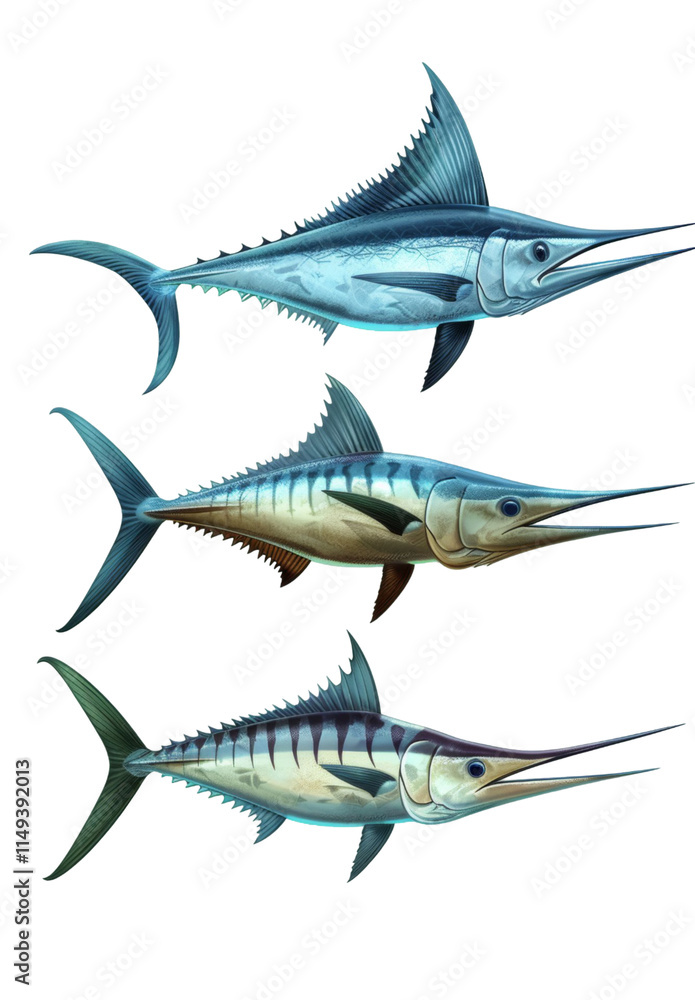Three marlin fish illustrations, side view, different species. Three marlin fish illustrations, side view, different species.