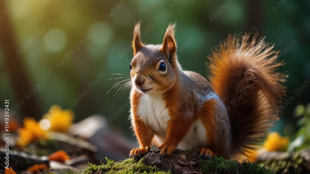 Red squirrel sitting on mossy log in autumn forest. Red squirrel sitting on mossy log in autumn forest.