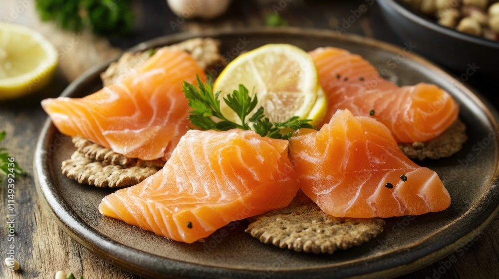 Sustainably sourced smoked salmon served on whole wheat crackers Sustainably sourced smoked salmon served on whole wheat crackers