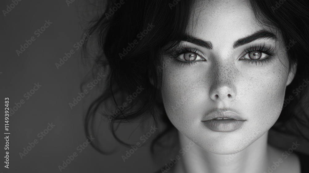 Close-up, monochrome portrait; freckled woman's face.