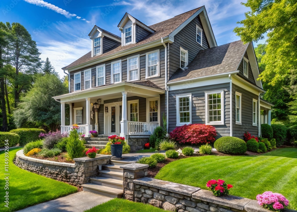 New England Gray Porch Colonial Home Exterior Stock Photo New England Gray Porch Colonial Home Exterior Stock Photo