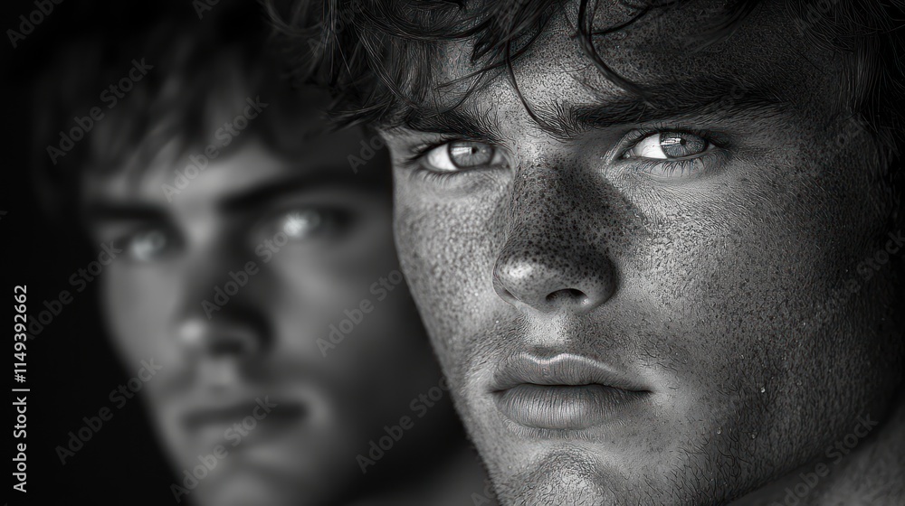 Obraz premium Black and white portrait, two men, close-up faces.