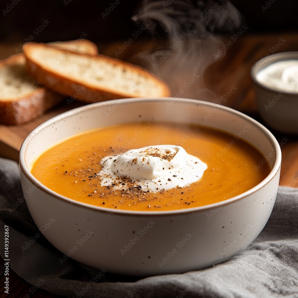 A bowl of creamy tomato soup garnished with a swirl of cream and fresh basil, served in a white porcelain bowl, Bowl centered A bowl of creamy tomato soup garnished with a swirl of cream and fresh basil, served in a white porcelain bowl, Bowl centered