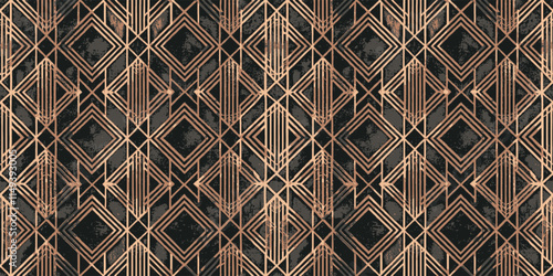 Art Deco inspired geometric pattern with gold accents on a dark background.