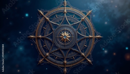 Isoteric astronomy concept with decorative compass and golden star, dark starry background.Cosmic. Mystical. Ancient wisdom.Astrology design, mystic theme, celestial artwork, cosmic energies, astrolog photo