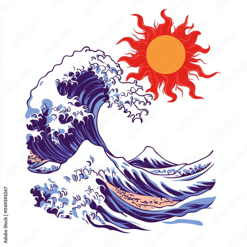 Obraz premium Sunburst Over a Great Wave Print Design