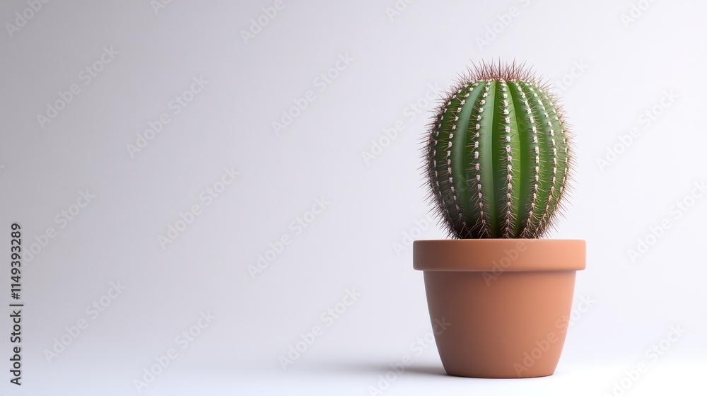A Spherical Cactus in a Terracotta Pot Against a Muted White Background A Spherical Cactus in a Terracotta Pot Against a Muted White Background