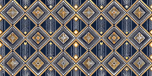 Elegant geometric pattern featuring gold and white designs on a dark blue background.