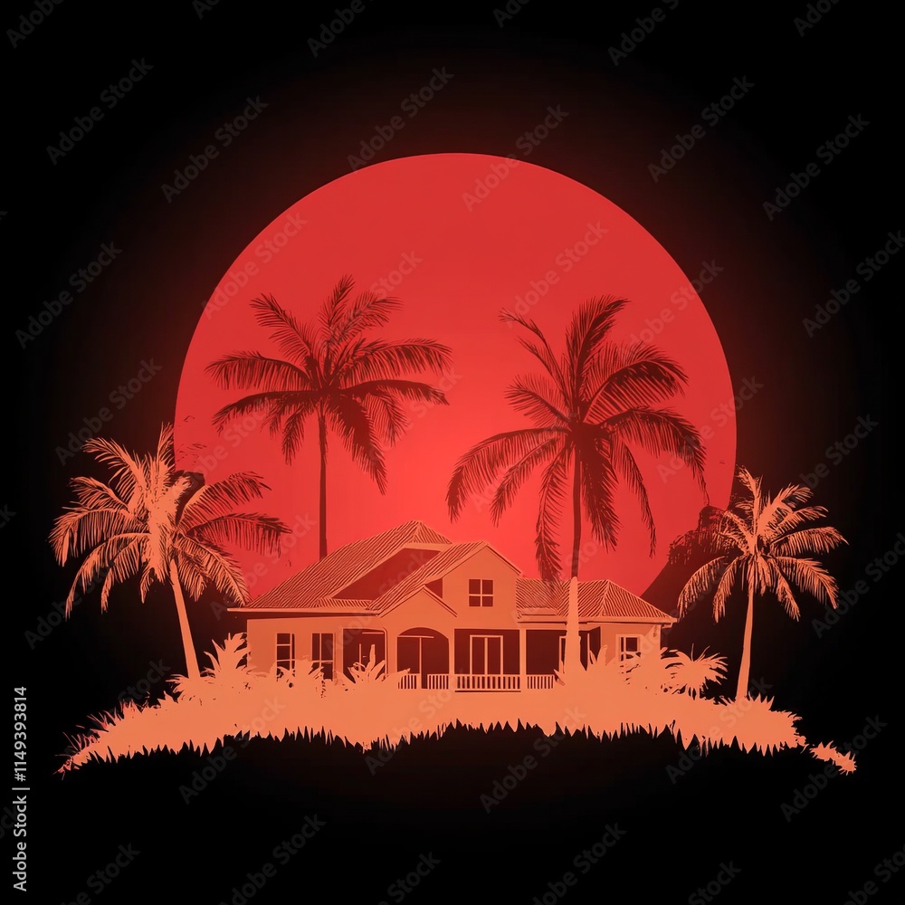 Obraz premium Tropical House Silhouette at Sunset with Palm Trees