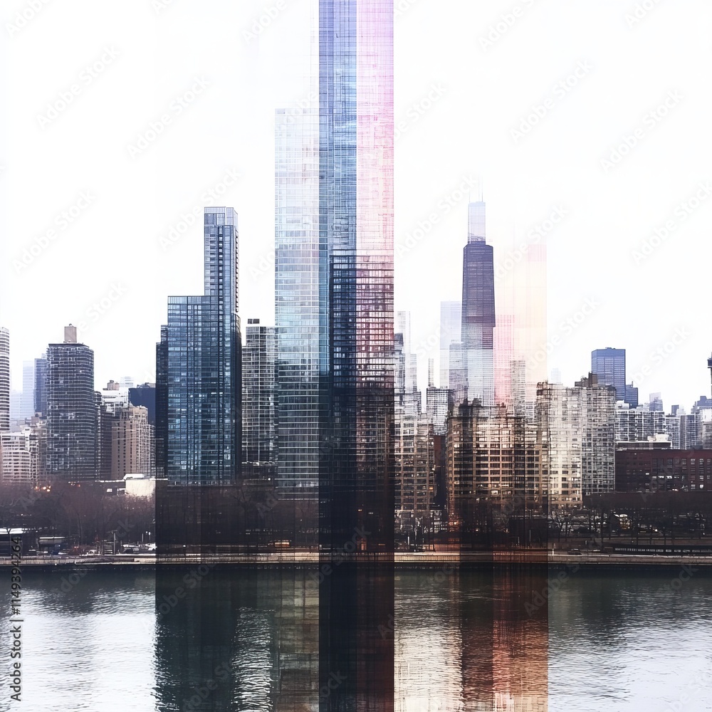 Fototapeta premium Urban Skyline Reflection Cityscape Double Exposure