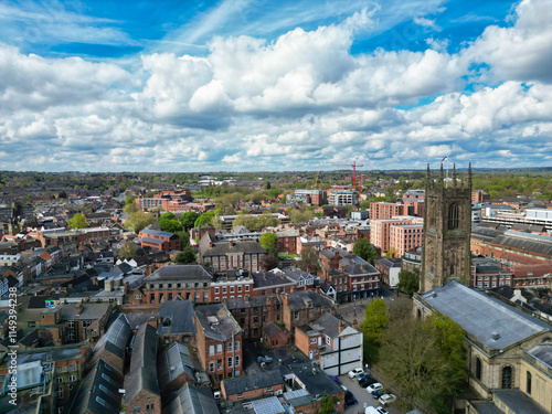 An Aerial View of Downtown and Central Derby City Centre of Midlands England, Great Britain