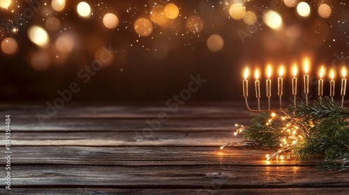 Wooden table with a lit Hanukkah menorah surrounded by holiday decorations.Light of Hanukkah.Hanukkah celebration, Jewish holiday, festival of lights,religious tradition, spiritual holiday. photo