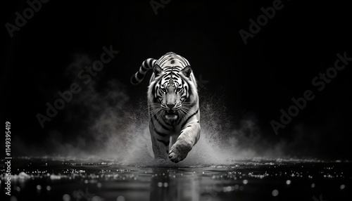 White tiger running on water, creating splashes and water vapor.Power. Majesty. Wild beauty.Wildlife photography, animal power, nature conservation, dramatic wildlife images, tiger conservation campai photo