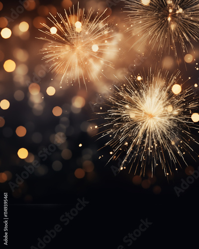 Abstract fireworks background image. Dark background. Gold glitter background with fireworks. christmas eve, new years and 4th of july holiday concept.