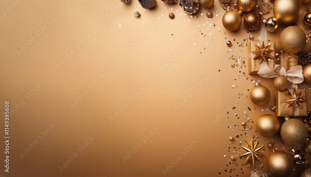 Obraz premium Flat-lay layout Christmas decorations with ornament and baubles. Festive gold background. Space for text.