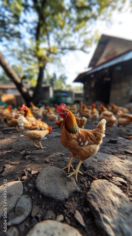Fototapeta premium A flock of chickens roaming in a natural setting near a rustic building.