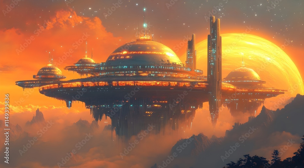 Fototapeta premium Alien Observatory on Vibrant Gas Giant's Rings bathed in Ethereal Glow - Generative AI