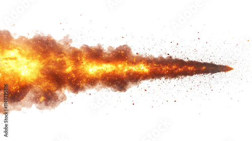 A missile rocket with fire trail isolated on a white and transparent background.