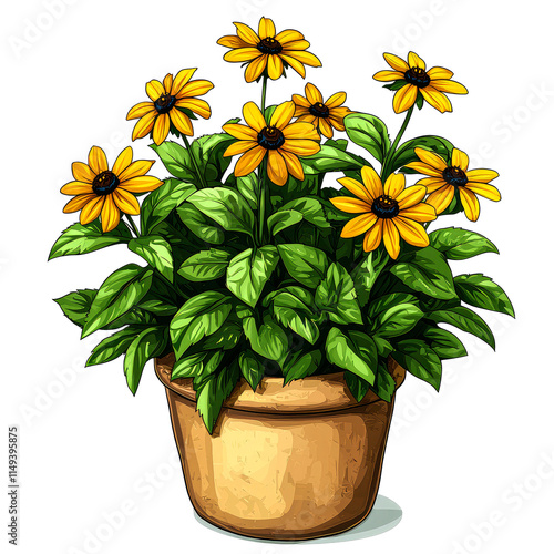 Potted black-eyed susans with vibrant yellow flowers and lush green leaves. photo