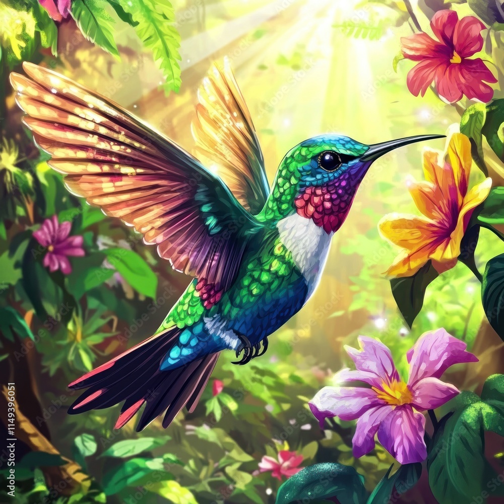 Obraz premium Vibrant hummingbird in flight amidst lush tropical flowers.