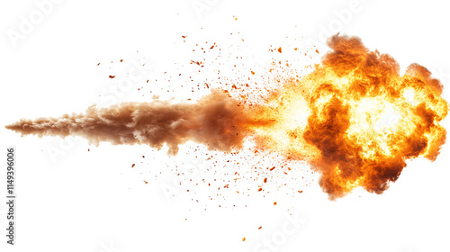 A missile rocket with fire trail isolated on a white and transparent background.
