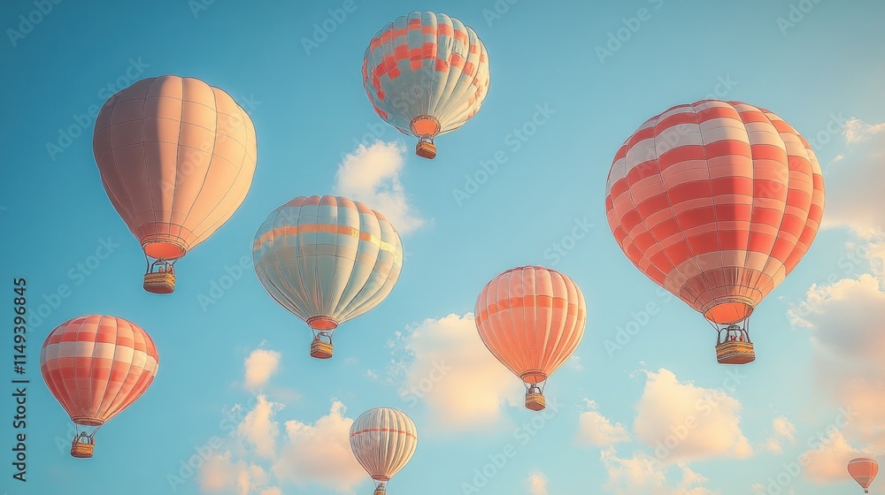Naklejka premium Seven colorful hot air balloons float in a blue sky.