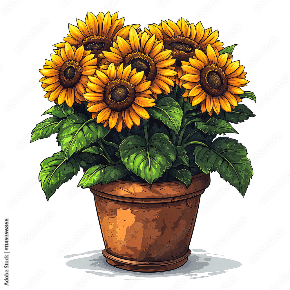 Obraz premium Potted sunflowers, vibrant yellow flowers, green leaves, terracotta pot.