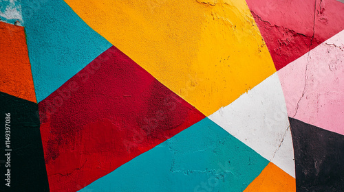 Vibrant mural with geometric patterns in bright colors adorning a city wall during daytime