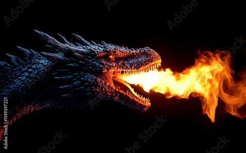 A ferocious dragon is breathing fire.