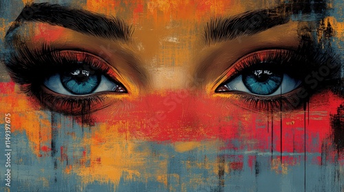 Abstract artwork:  eyes, vibrant, textured, paint.