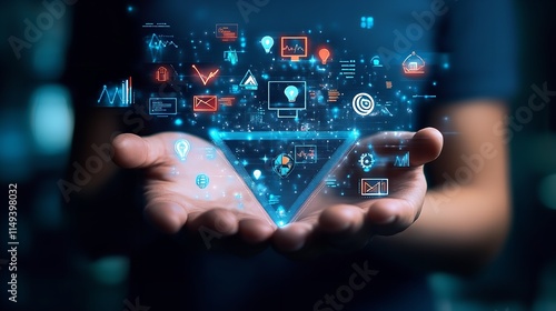 A person carrying a funnel for digital marketing that has symbols for its many components. Generative Ai
